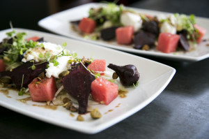 Salad of roast baby beets, shaved fennel, watermelon and goat’s curd